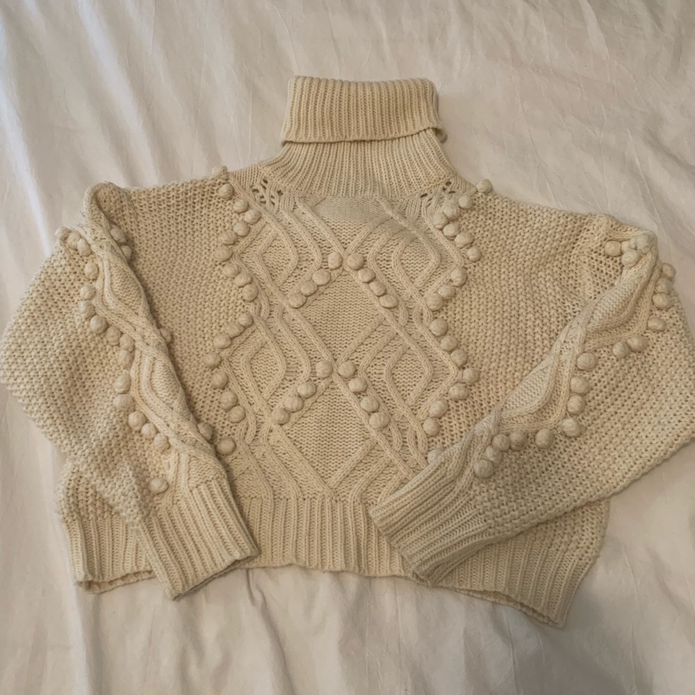 EUC White turtle neck sweater with pompom detailing